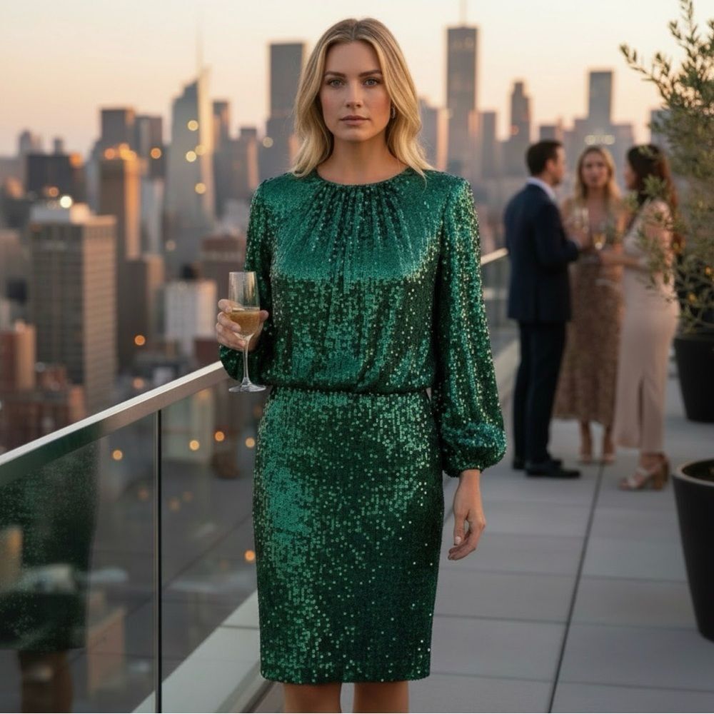 🟡 Vince Camuto Full Sequin Emerald Green Blouson Sleeve Dress NWT Size 4